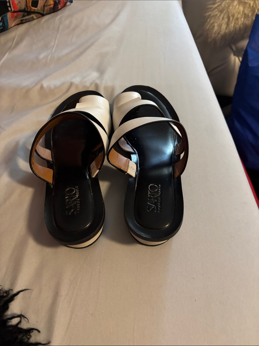 SARTO By Franco Sarto Black and White Leather Slide Sandals